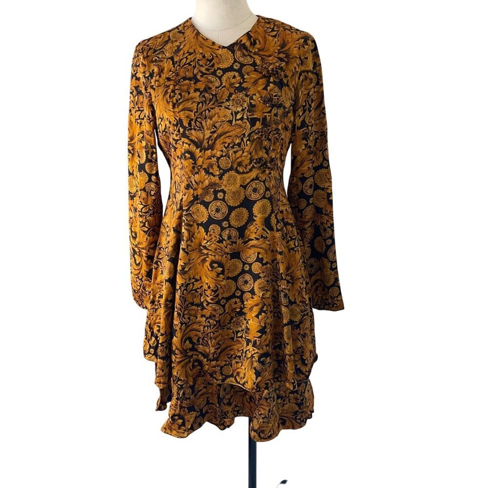 Vintage Womens Dress Size 8 Gold Layered Long Sleeve Floral Midi Pure Silk